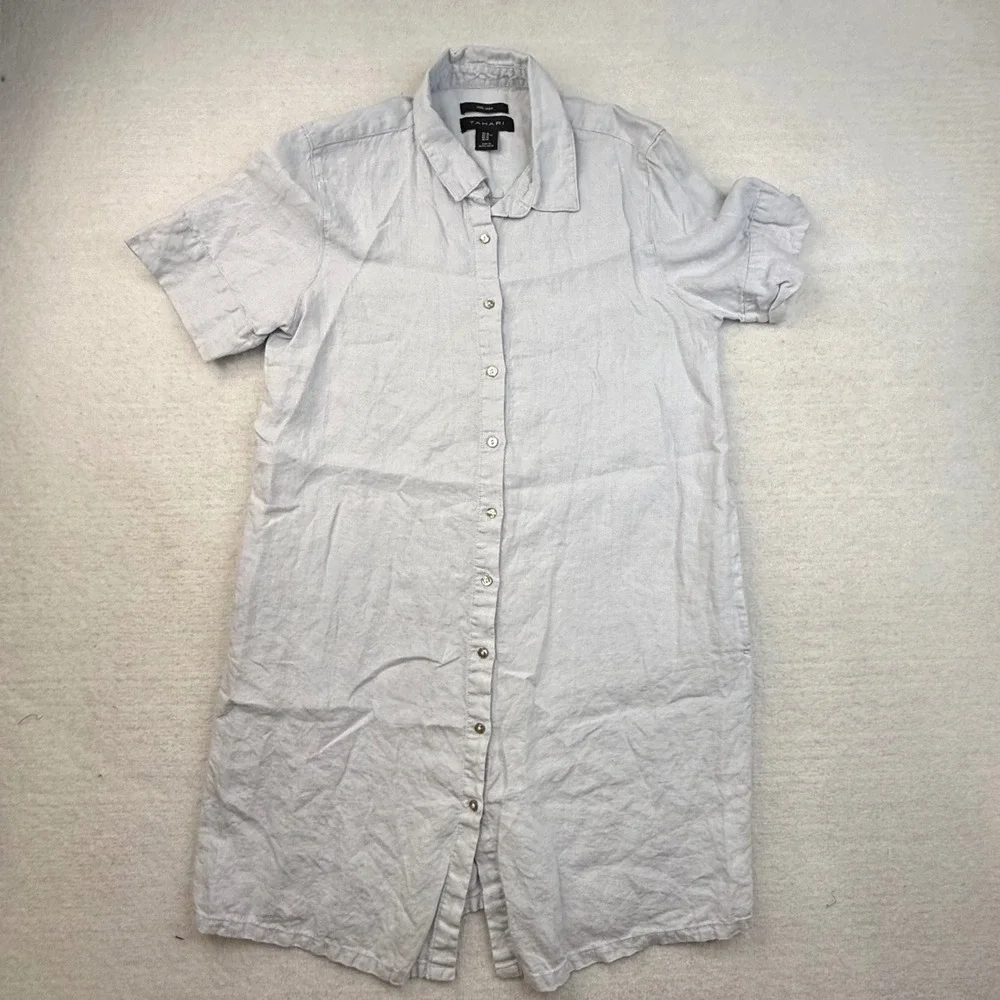 Tahari Womens Light Gray 100% Linen Short Sleeve Dress M minimalist Lagenlook - Picture 5 of 8